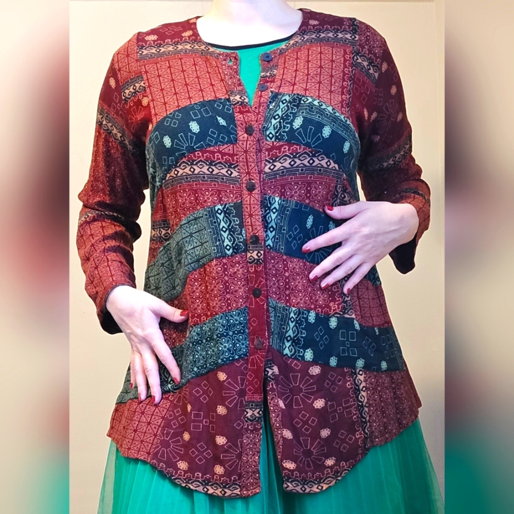 Hilltribe, Boho,  Festive Tunic top. Long sleeved. Button up. Size M/L